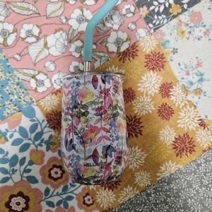 Floral Stainless Steel Wine Tumbler with Straw - Multicolor